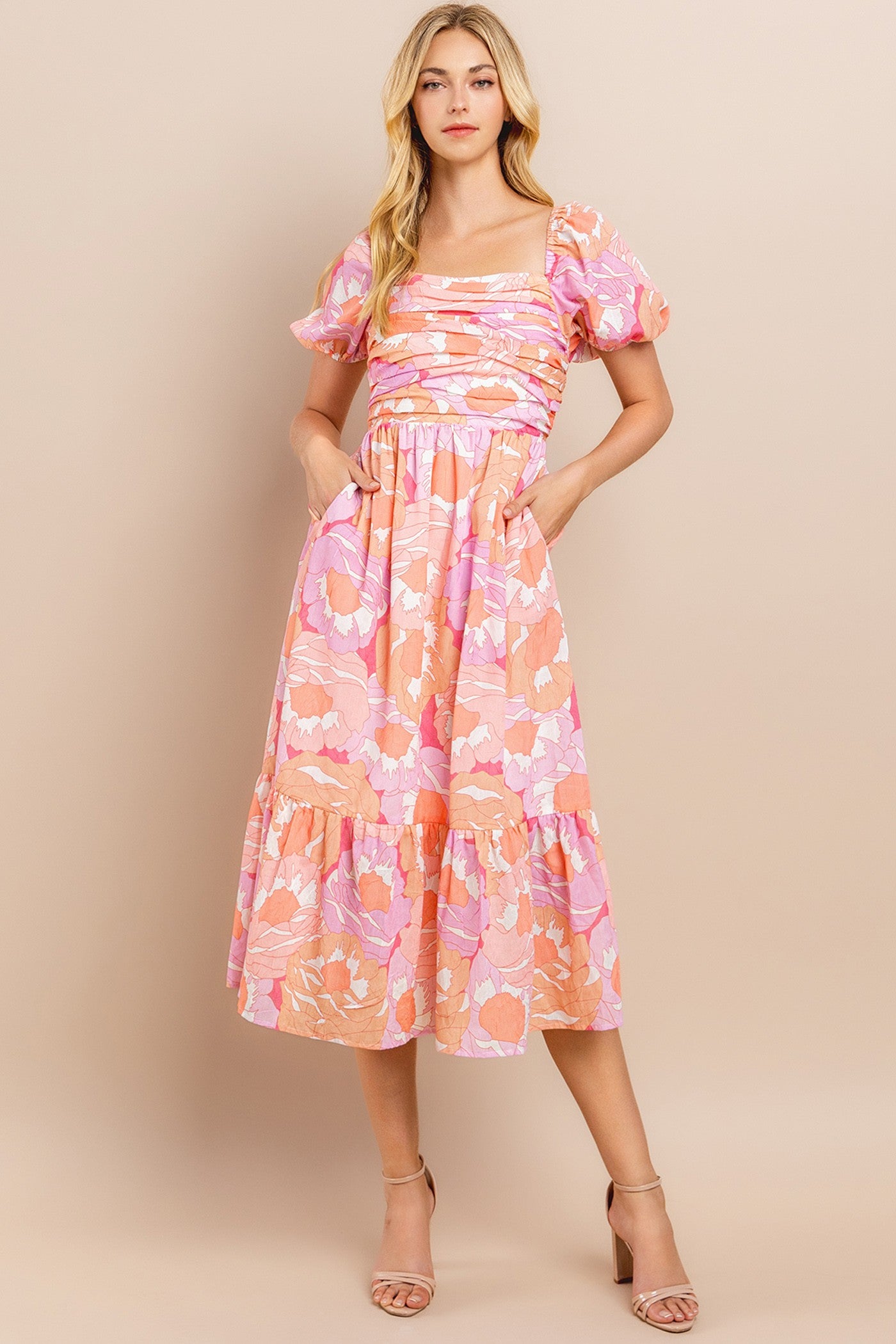 Floral Print Pleated Bodice Dress