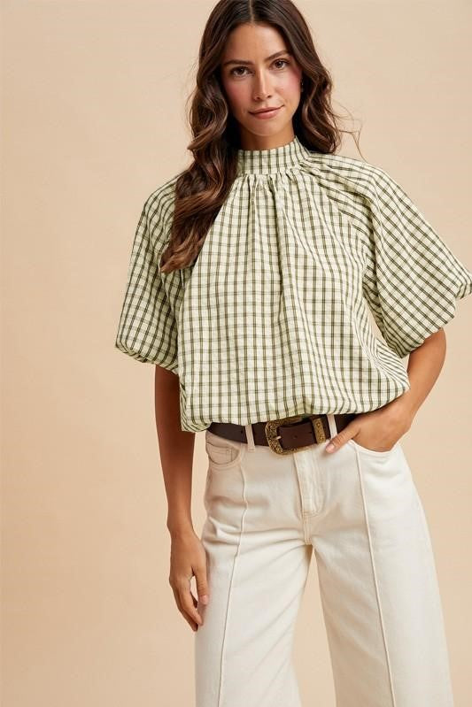 CHECKER BACK BOW DETAIL BUBBLE BLOUSE