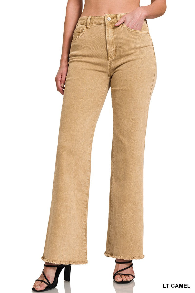 Acid washed frayed cutoff hem straight wide pants