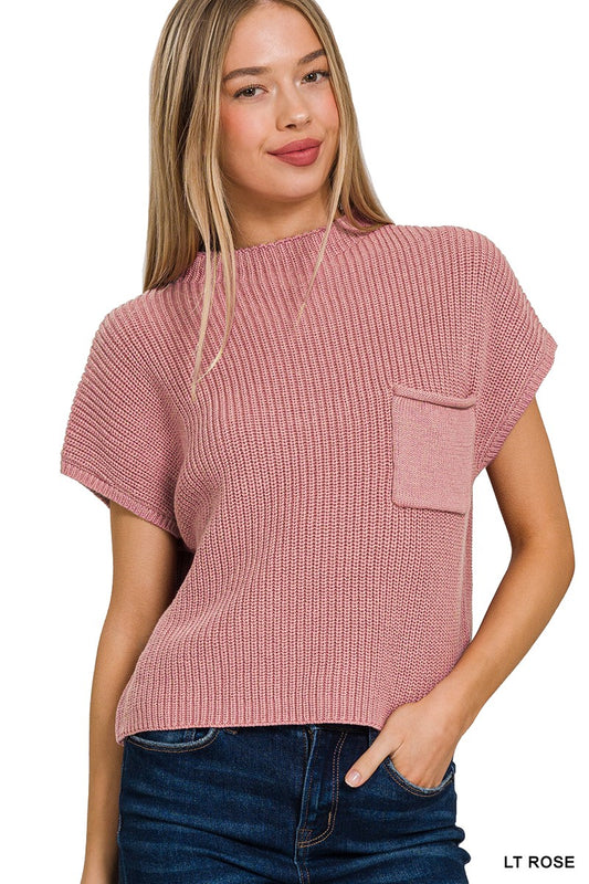 MOCK NECK SHORT SLEEVE CROPPED SWEATER