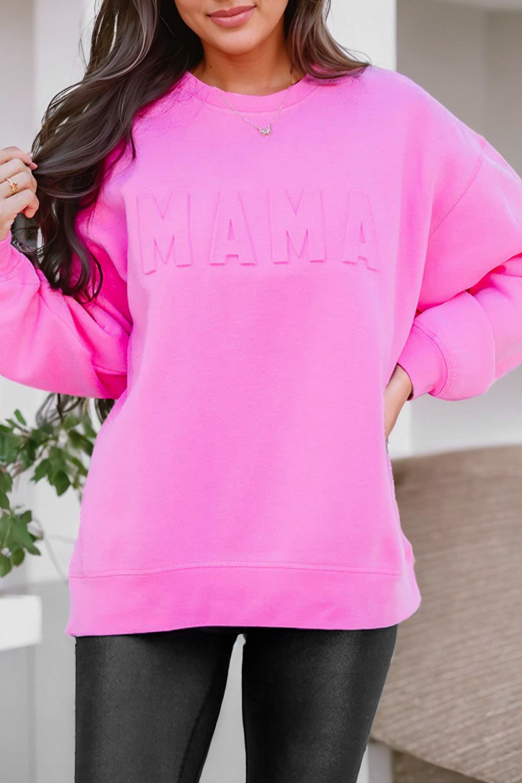 Bright Pink MAMA Letter Embossed Sweatshirt