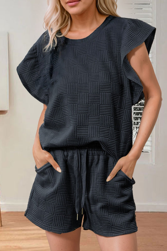 Textured Ruffled Tee and Drawstring Shorts Set