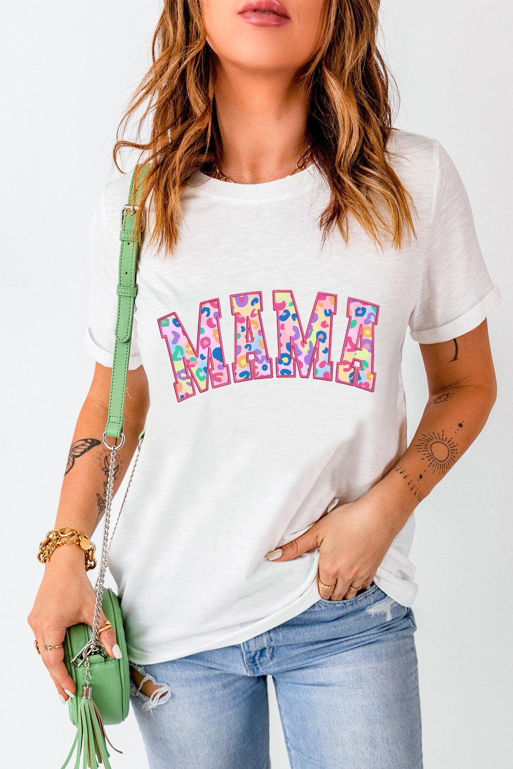 MAMA Leopard Embroidered Crew Neck Graphic Tee