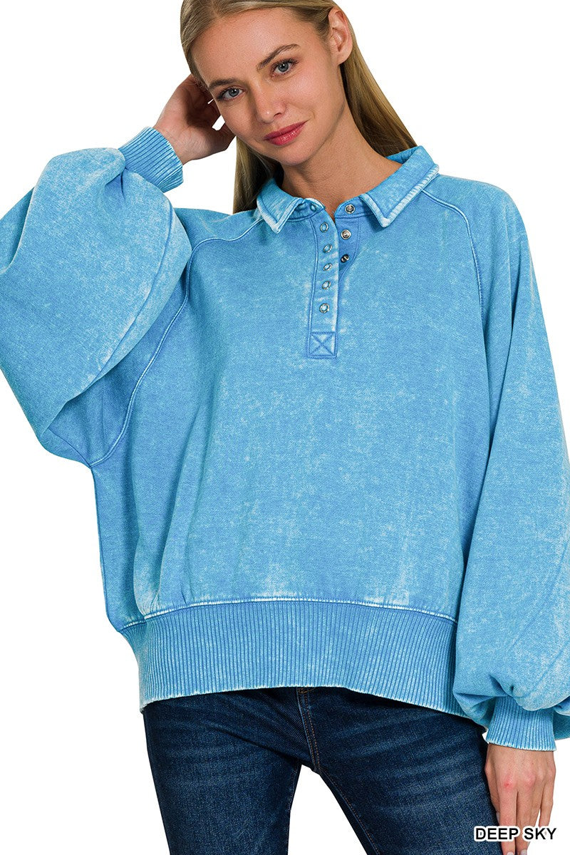 ACID WASH FLEECE BUTTON UP COLLARED PULLOVER