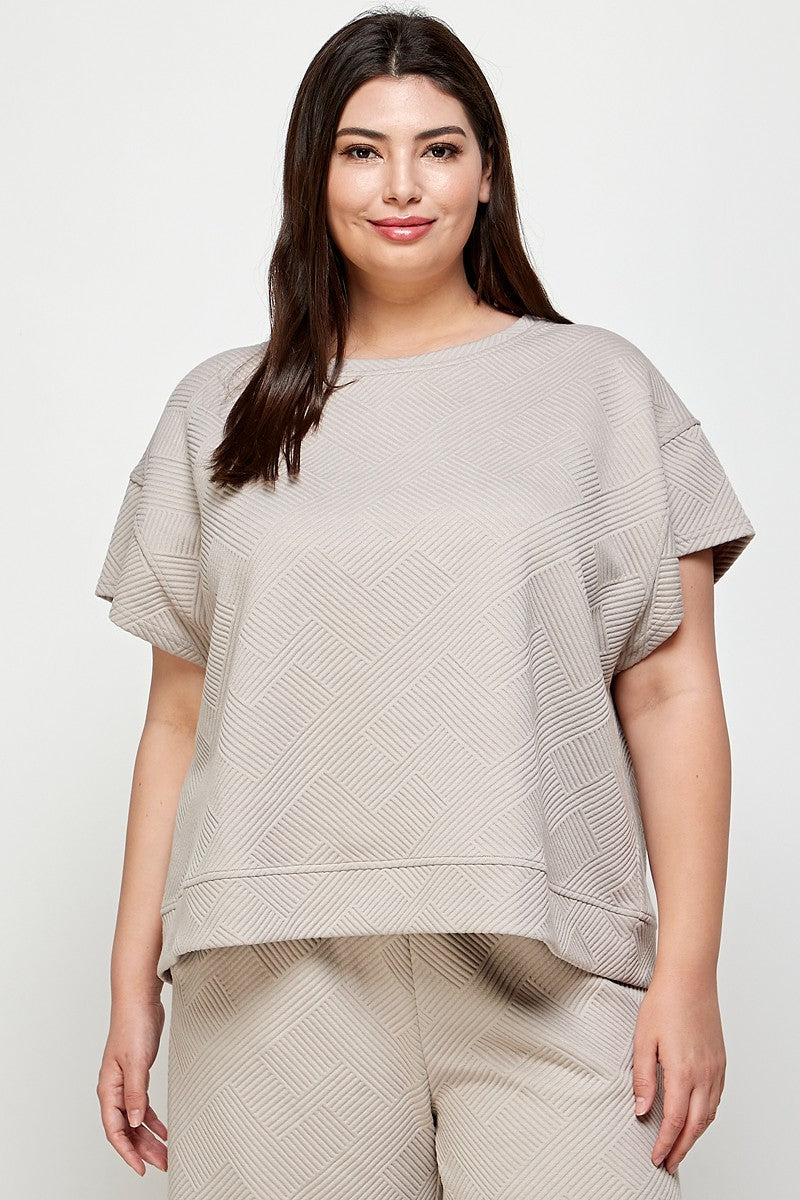 Textured Short Sleeve Sweatshirts Lounge Wear Top and Bottom