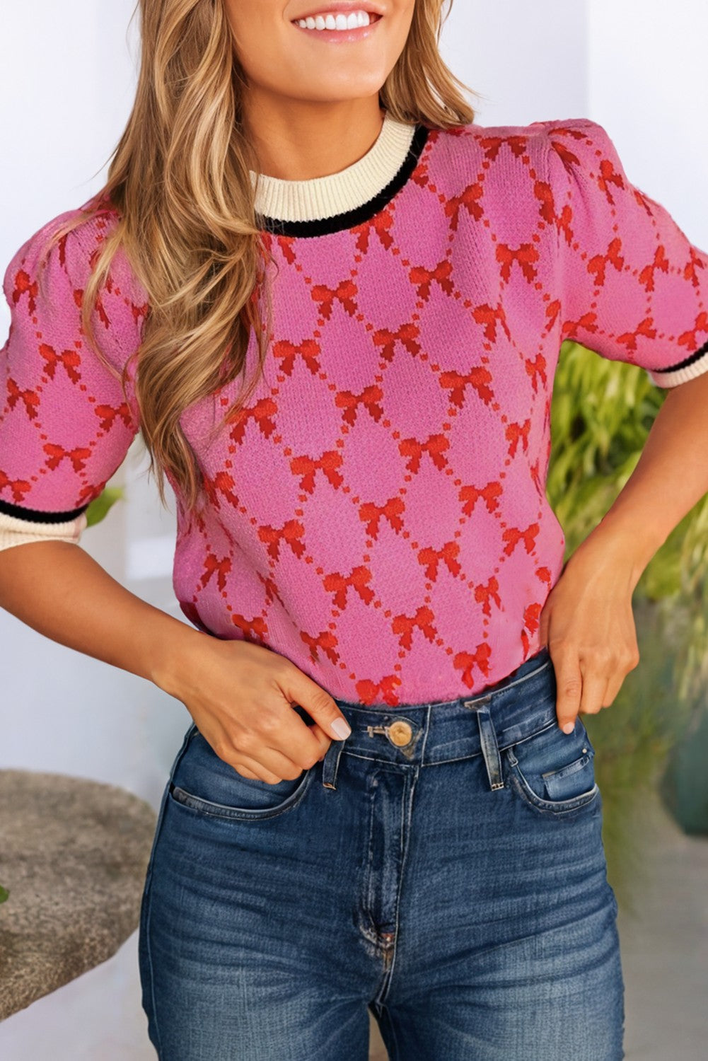 Bow Print Short Sleeve Sweater top