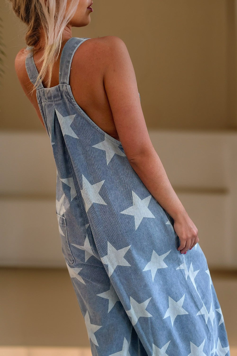 Star Print Buttoned Strap Wide Leg Denim Overall