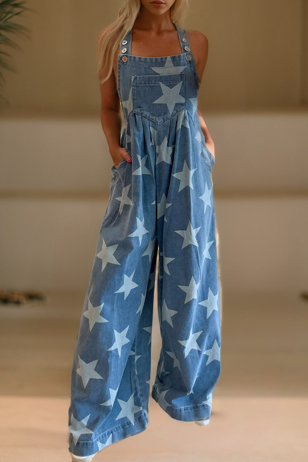 Star Print Buttoned Strap Wide Leg Denim Overall