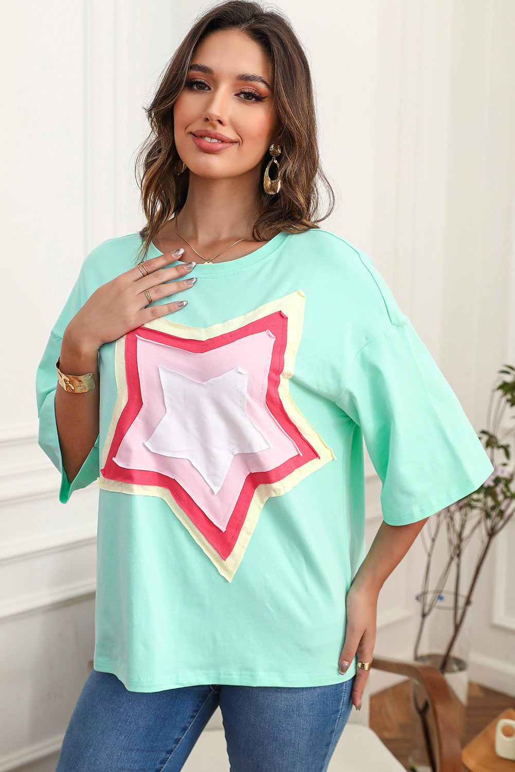 Moonlight Jade Star Patched Half Sleeve Tee