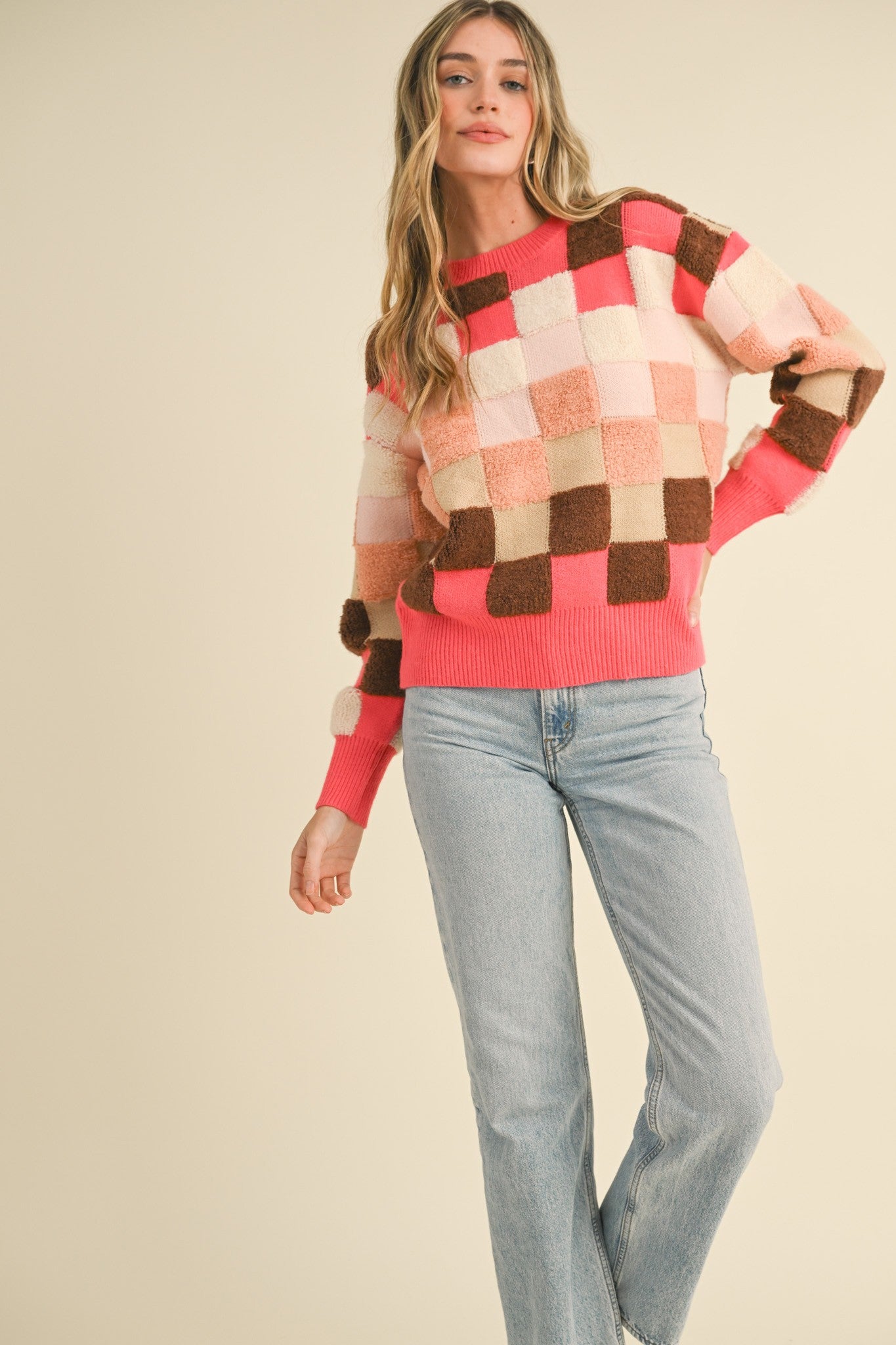 COLORFUL TEXTURED CHECKERED PULLOVER