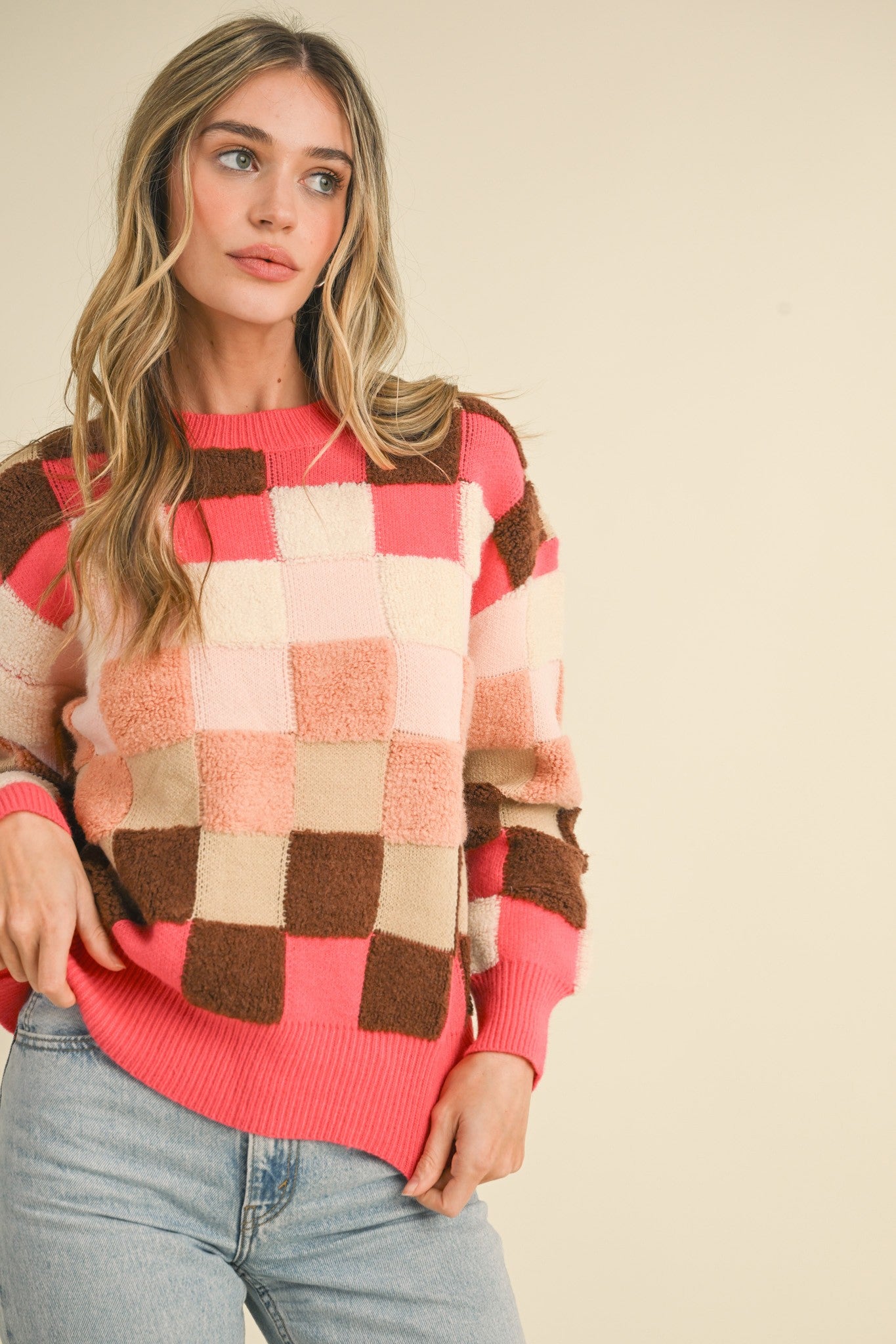 COLORFUL TEXTURED CHECKERED PULLOVER