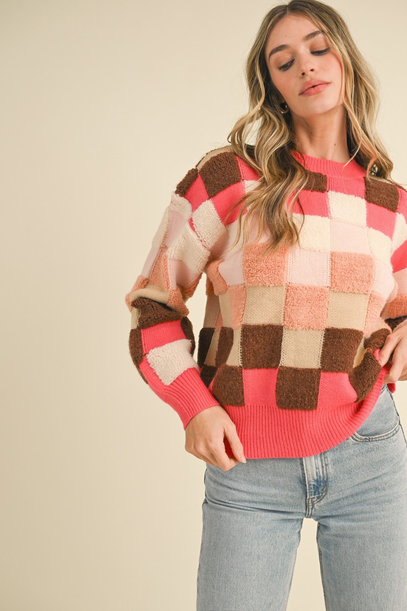 COLORFUL TEXTURED CHECKERED PULLOVER