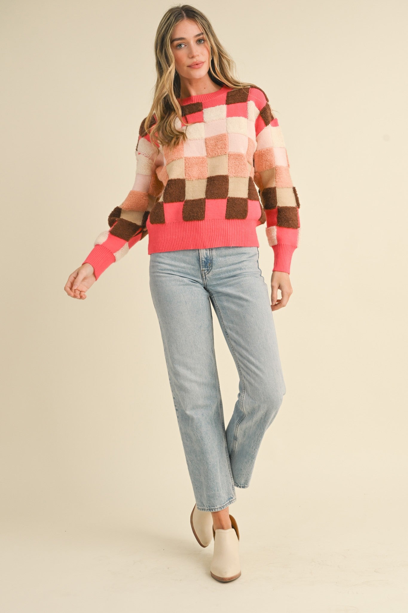 COLORFUL TEXTURED CHECKERED PULLOVER