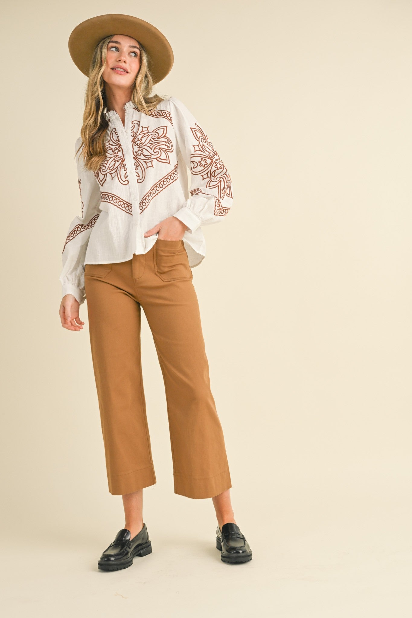 EMBROIDERED MOCK NECK BUTTON UP TOP