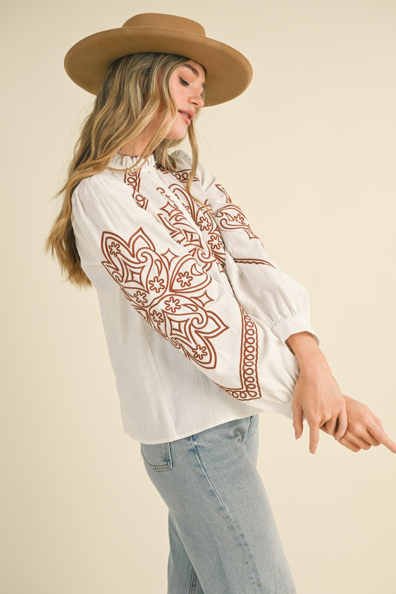 EMBROIDERED MOCK NECK BUTTON UP TOP