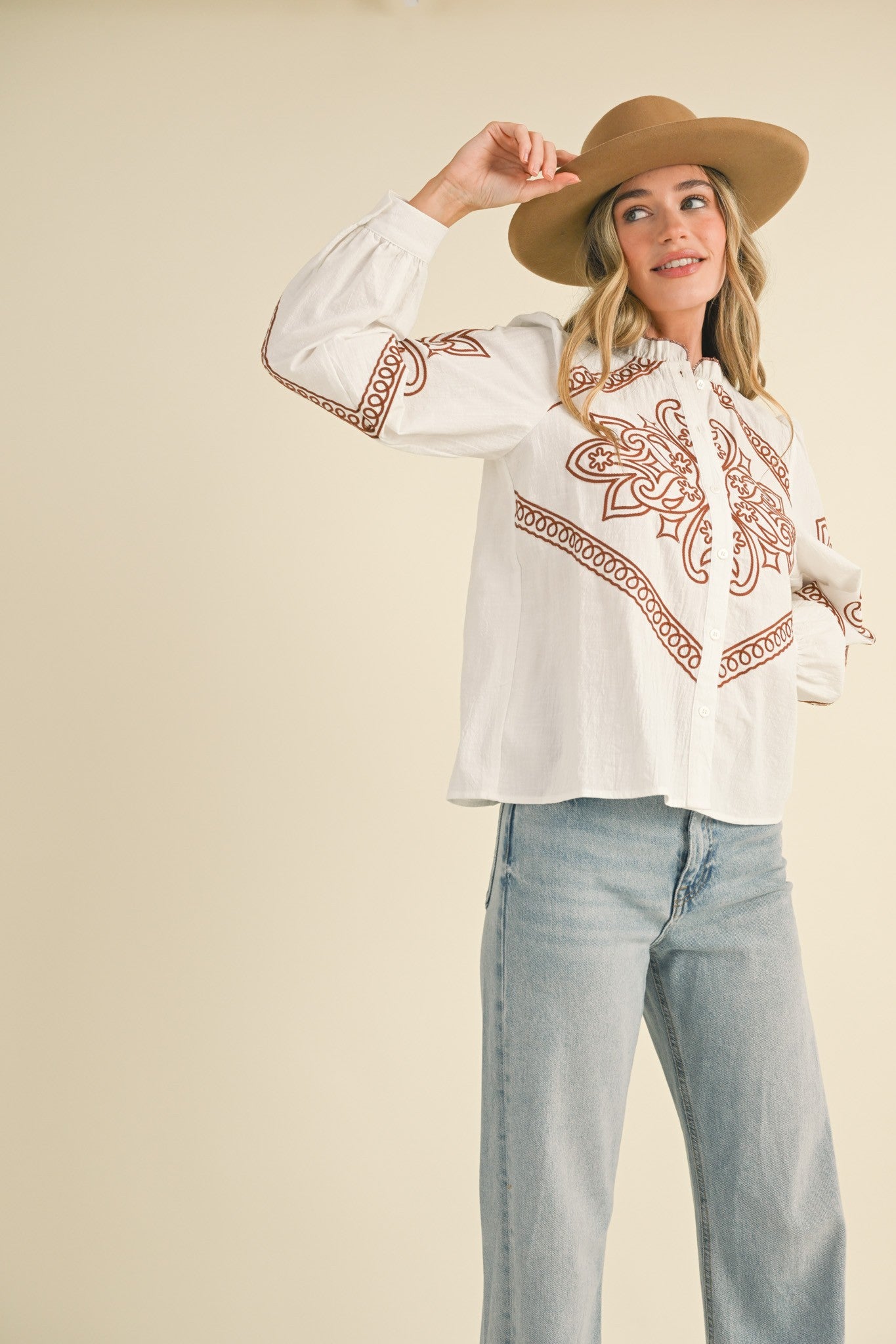 EMBROIDERED MOCK NECK BUTTON UP TOP