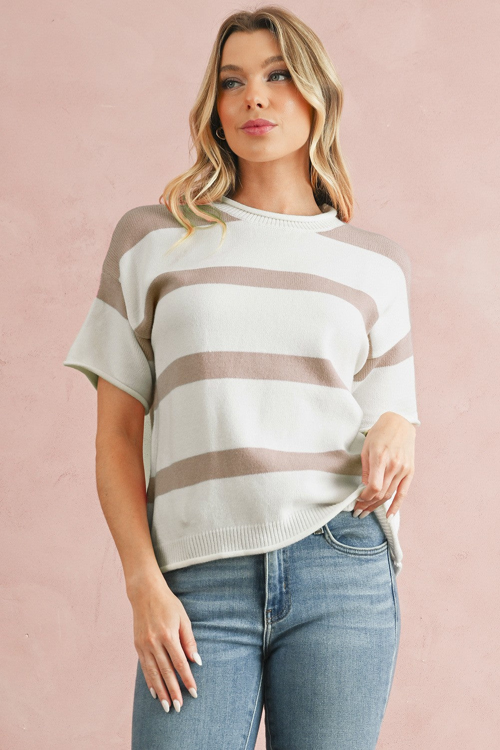 Stripe Short Sleeve Lightweight Knitted Top