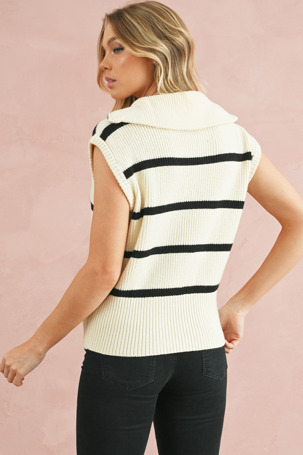 Stripe Zipped Collar Cap Sleeve Knit Top