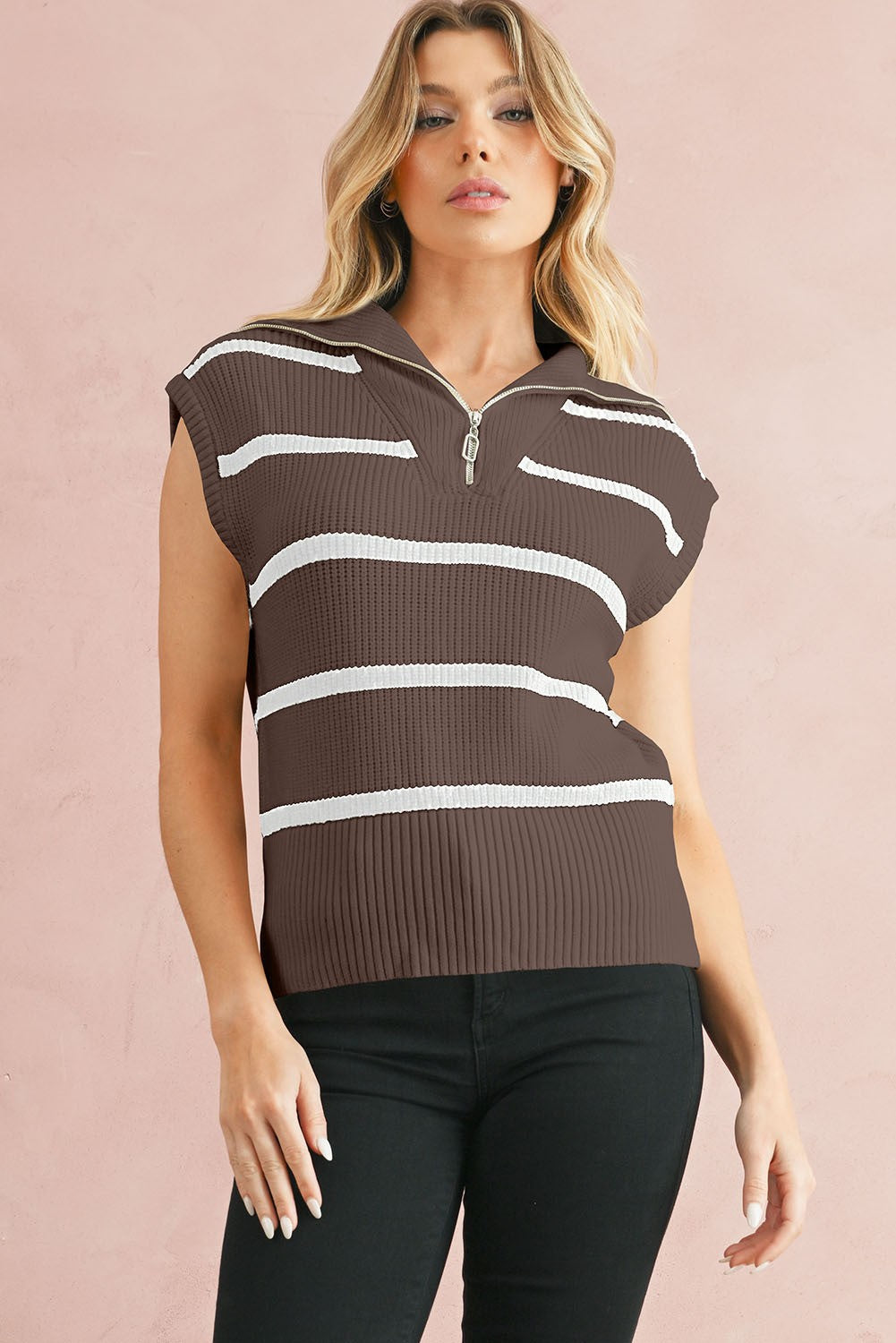 Stripe Zipped Collar Cap Sleeve Knit Top