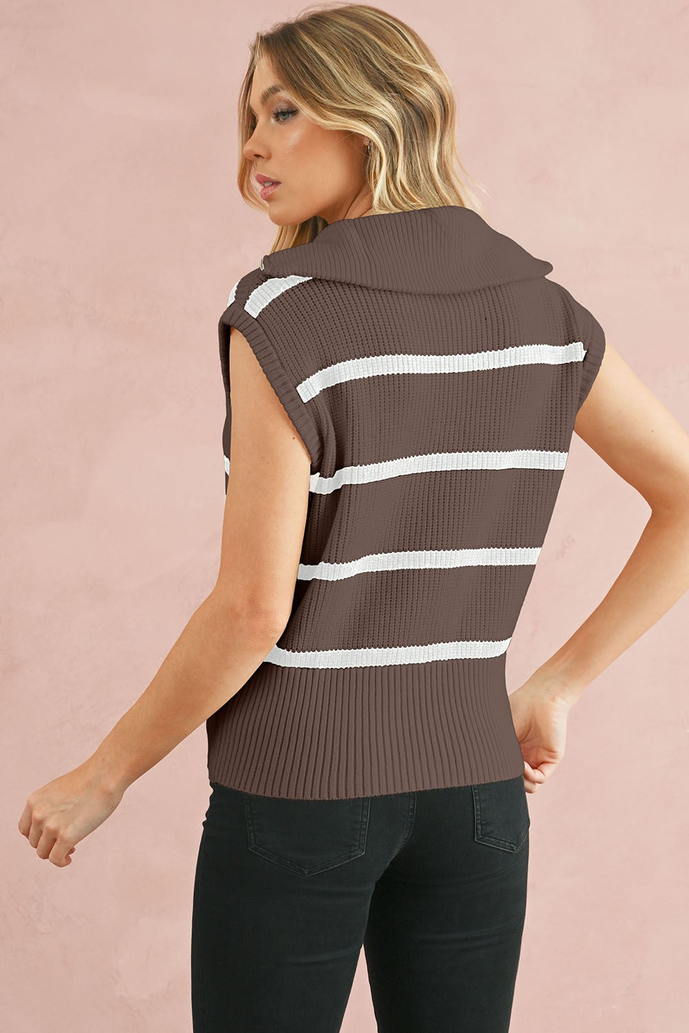 Stripe Zipped Collar Cap Sleeve Knit Top