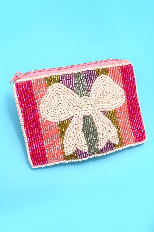 BOW RIBBON RAINBOW WHITE SEED BEAD HOLIDAY POUCH