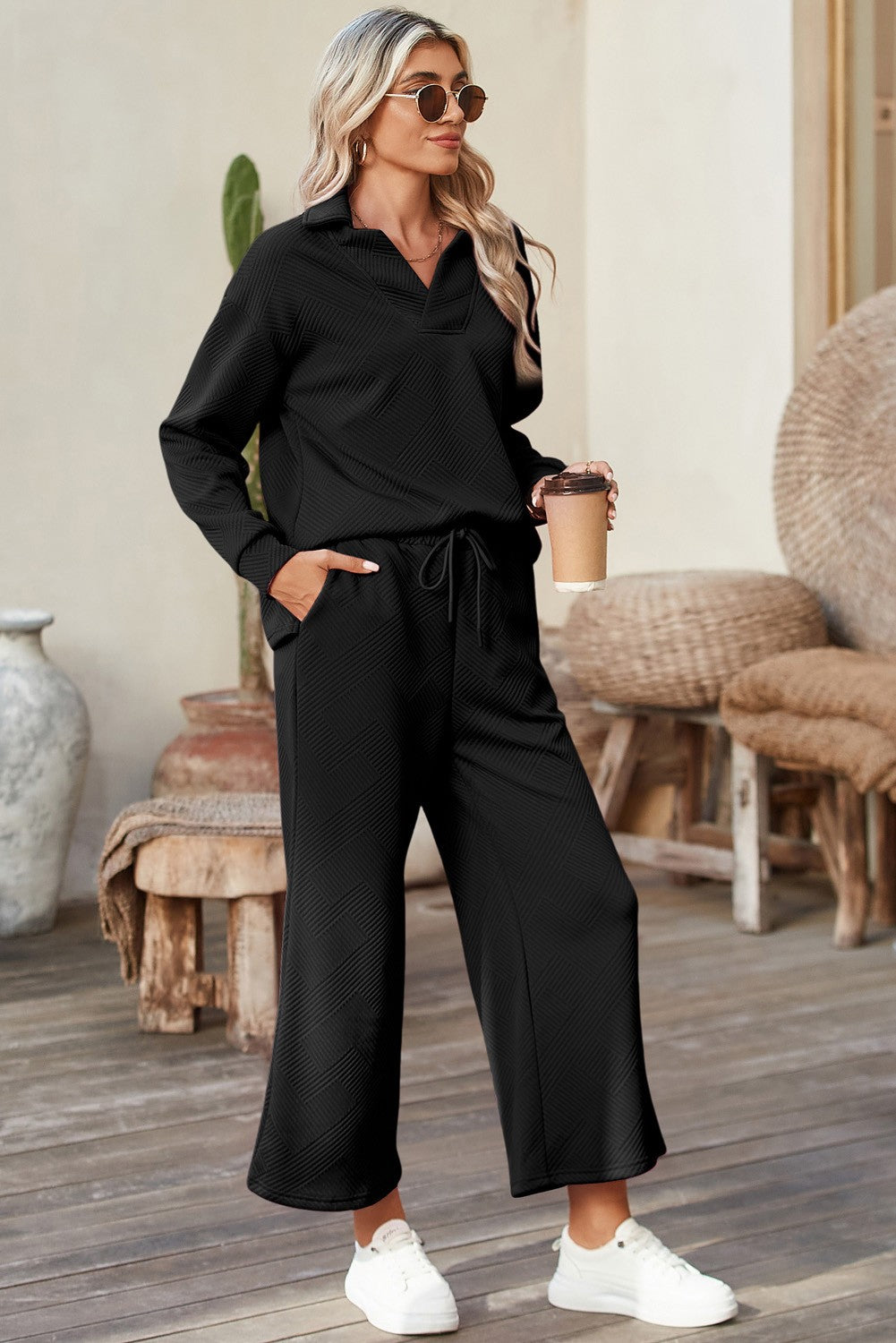 Textured V Neck Top and Wide Leg Pants Set