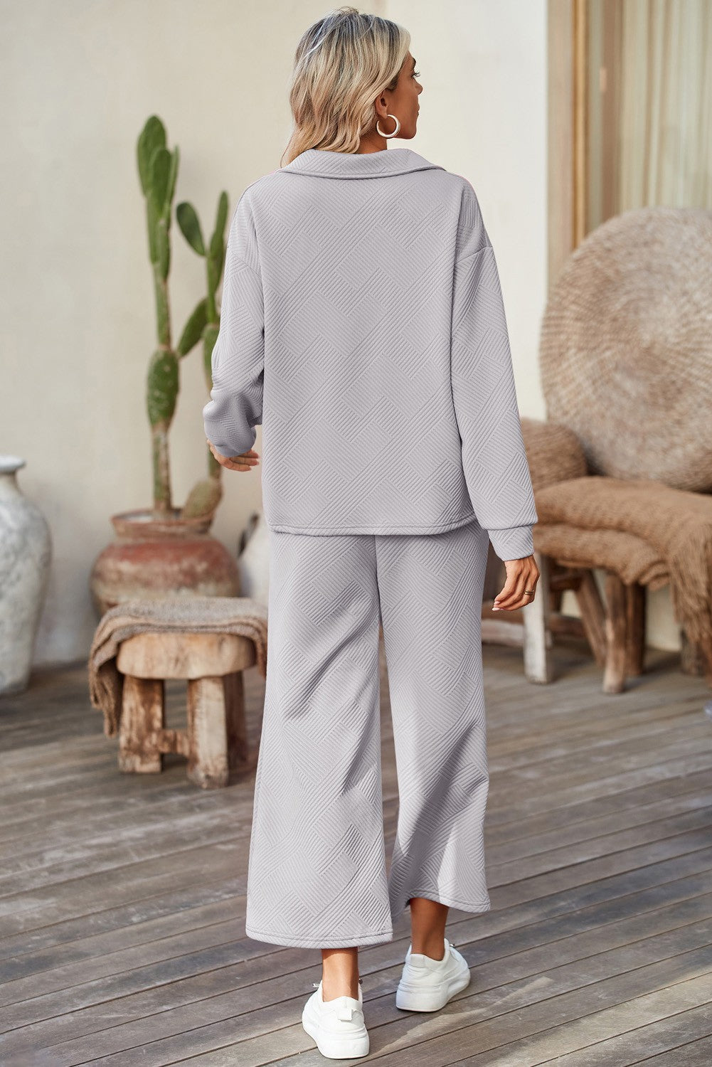 Textured V Neck Top and Wide Leg Pants Set