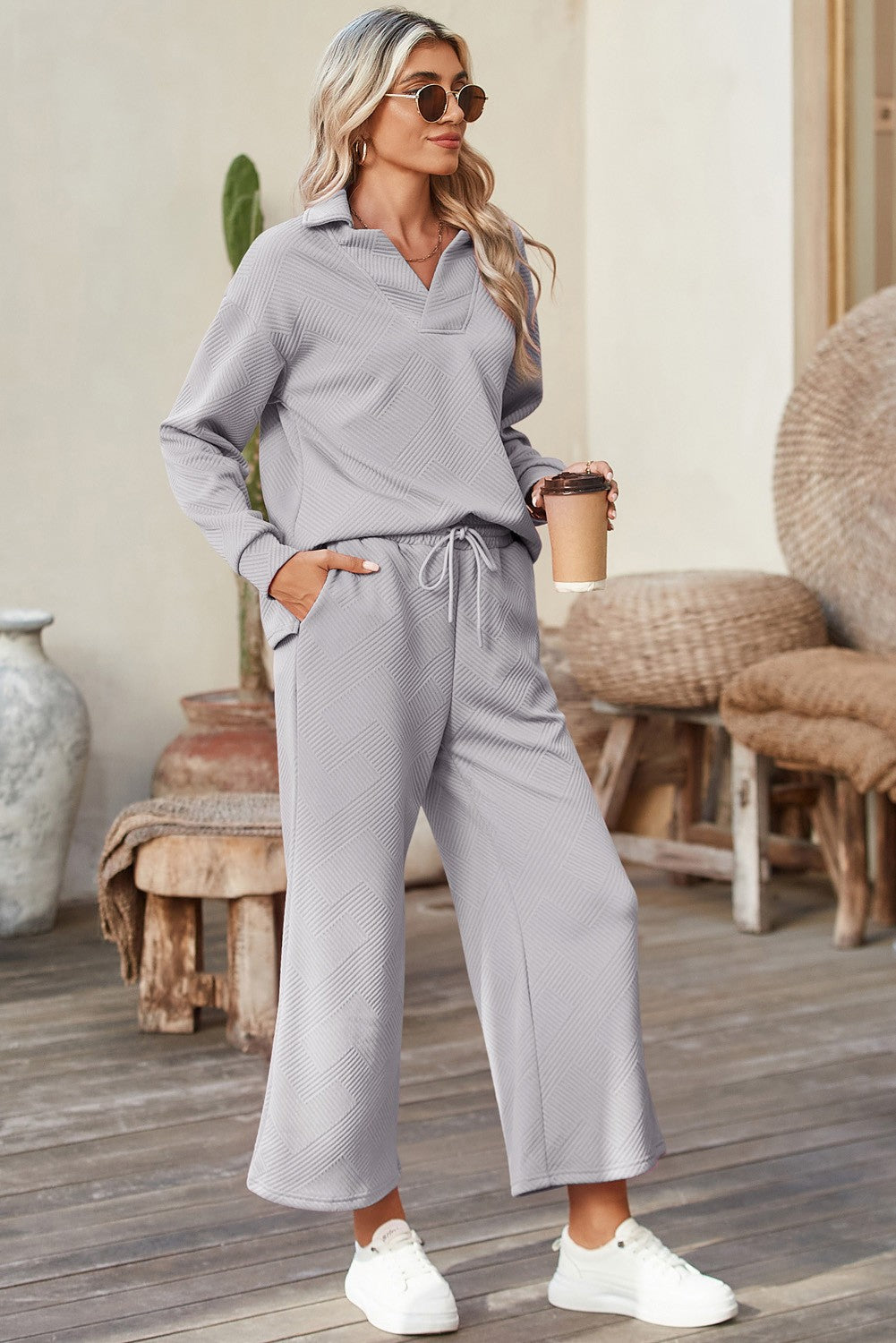 Textured V Neck Top and Wide Leg Pants Set