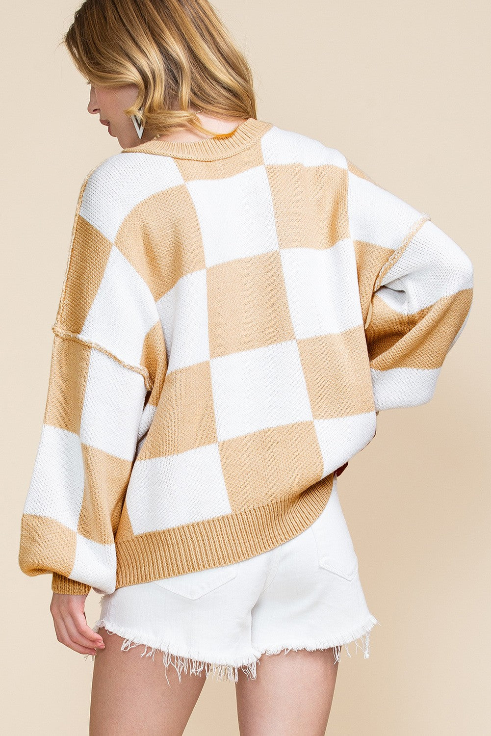 Plaid Exposed Seam Bishop Sleeve Sweater