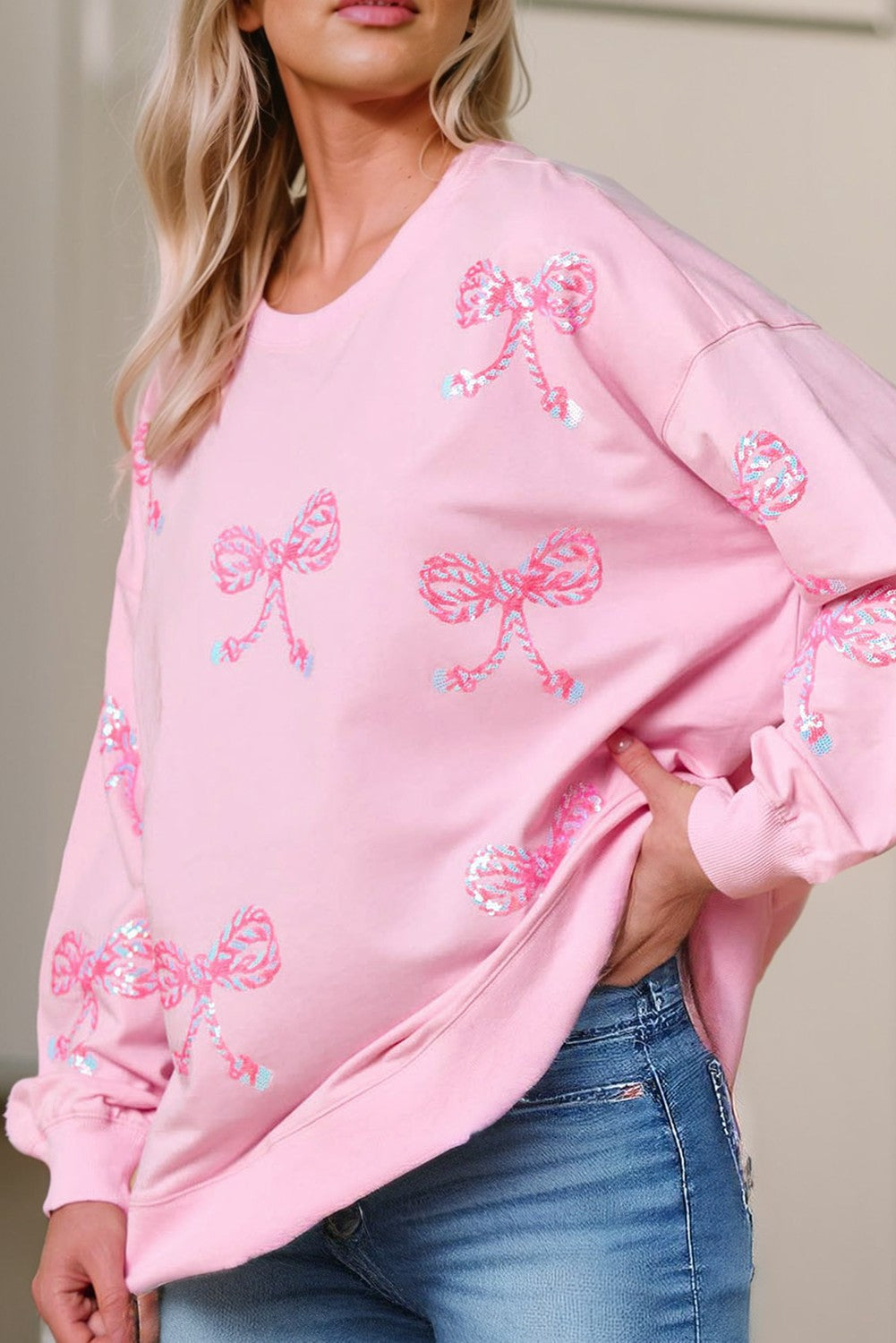 Bow Graphic Round Neck Drop Sleeve Sweatshirt