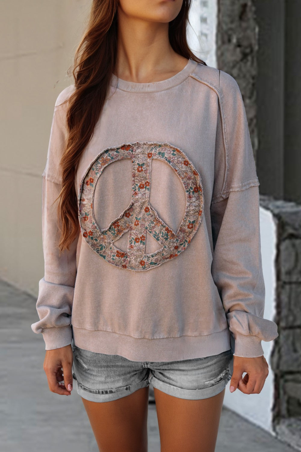 Floral Peace Symbol Drop Shoulder Sweatshirt