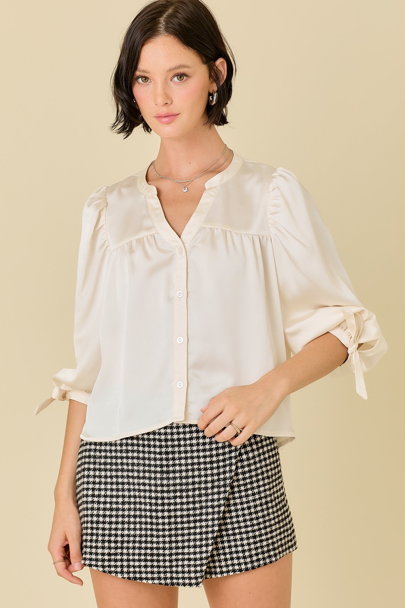 SATIN BUTTON DOWN SHIRT BLOUSE WITH 3/4 SLEEVES