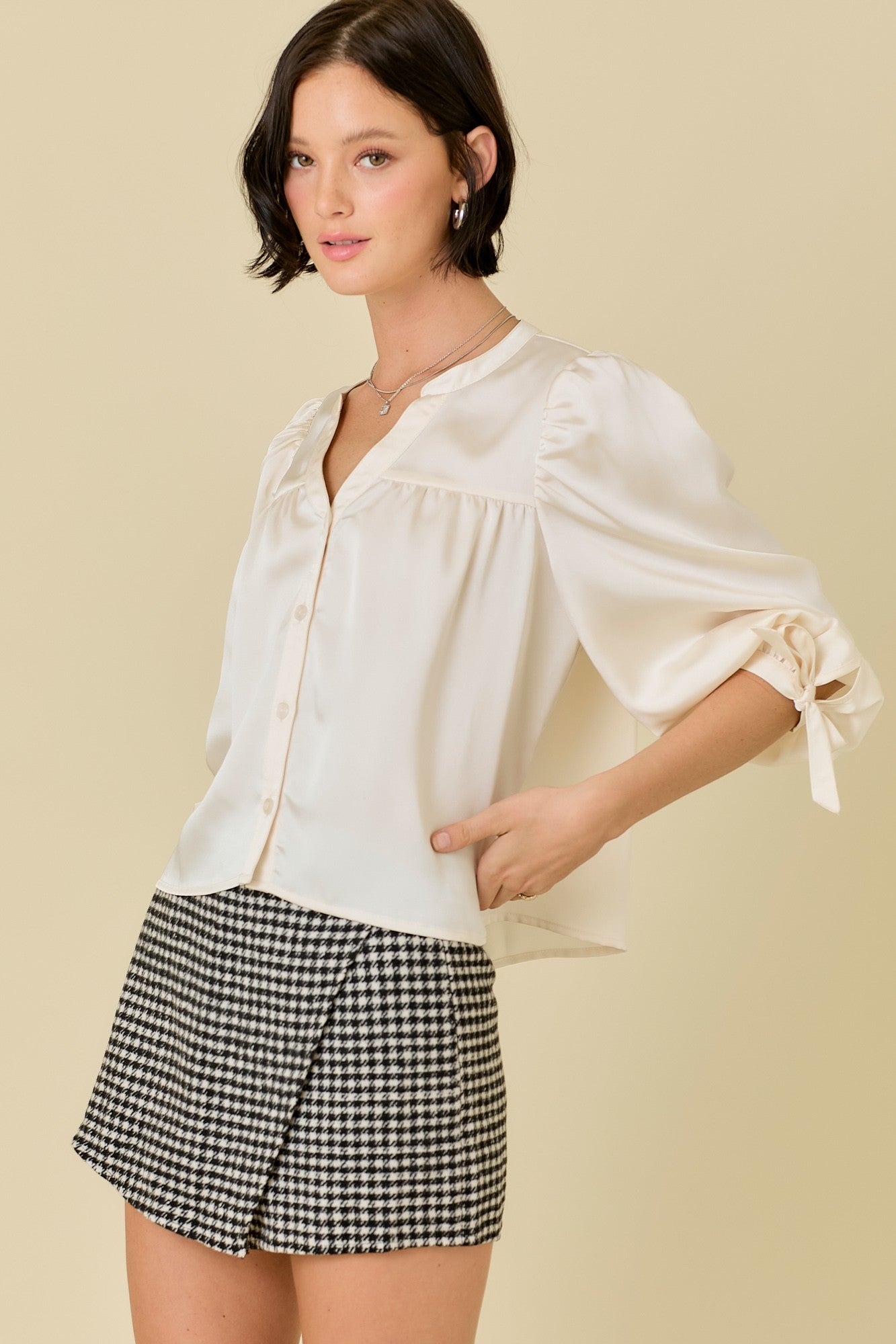 SATIN BUTTON DOWN SHIRT BLOUSE WITH 3/4 SLEEVES