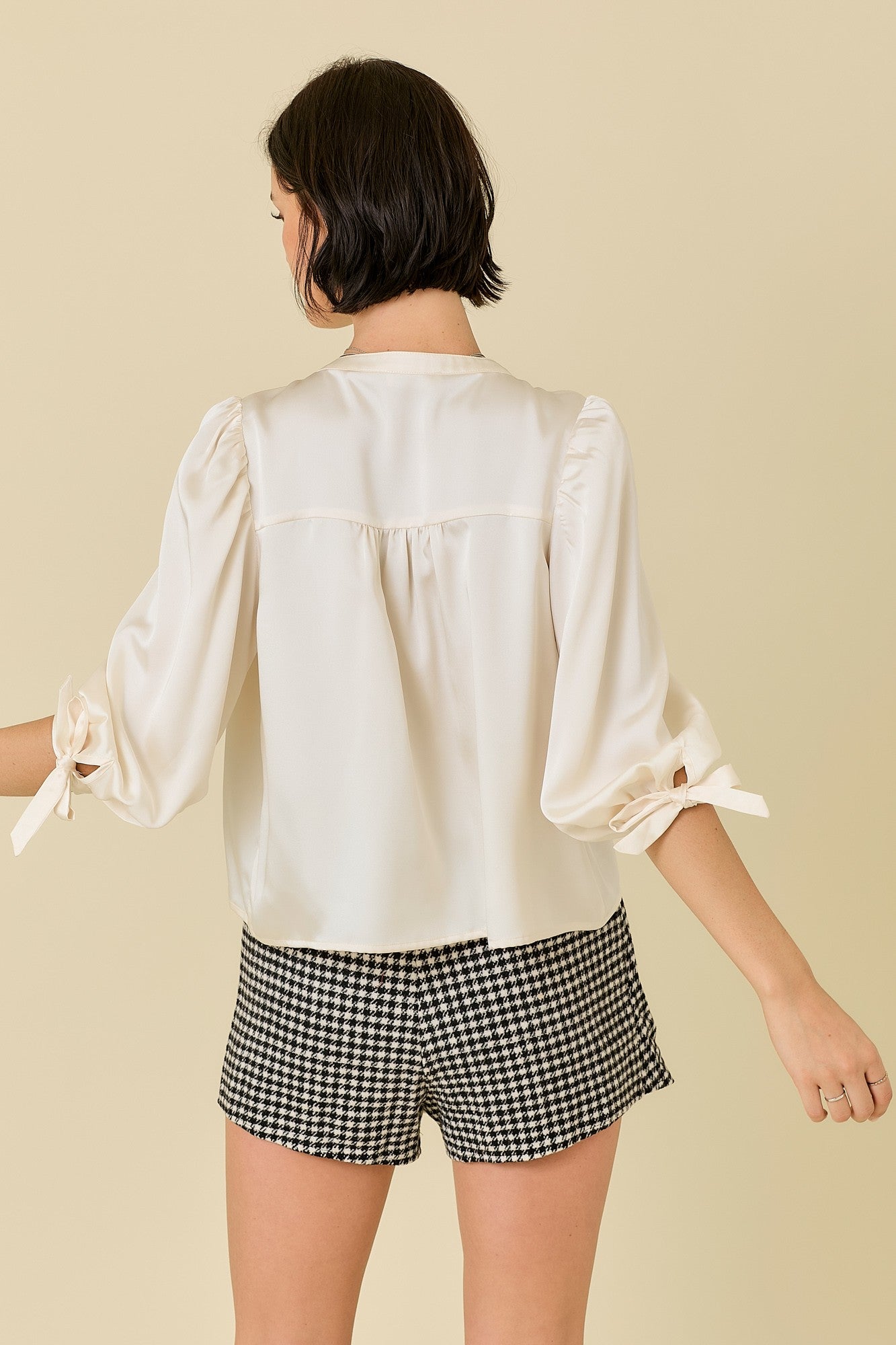 SATIN BUTTON DOWN SHIRT BLOUSE WITH 3/4 SLEEVES