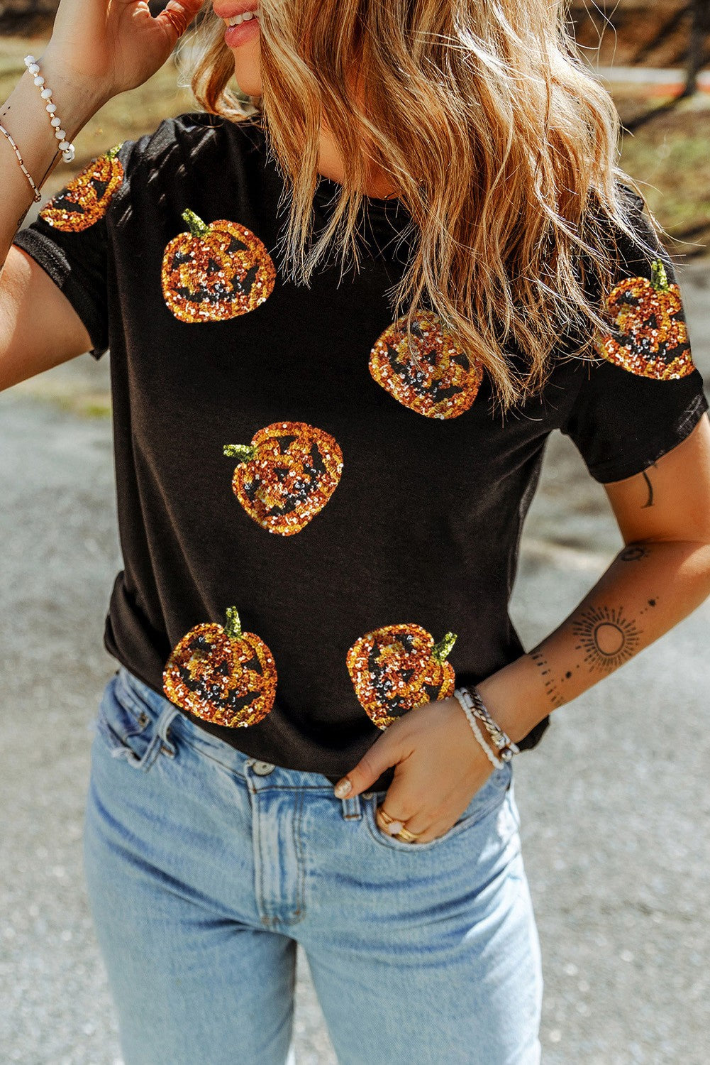 Halloween Sequin Pumpkin Face Graphic T Shirt