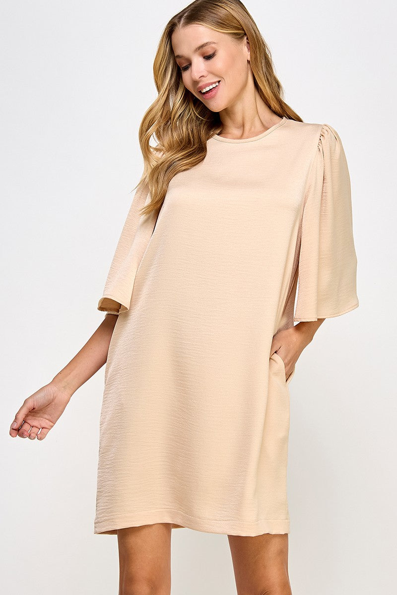 Satin Flutter Sleeve Dress