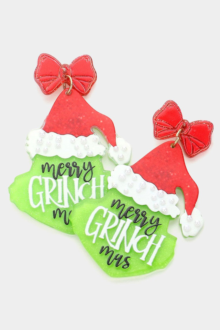 Glittered Resin Merry Grinch Mas Dangle Earrings