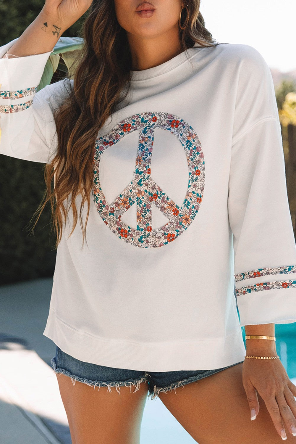 Floral Peace Sign Drop Shoulder Top