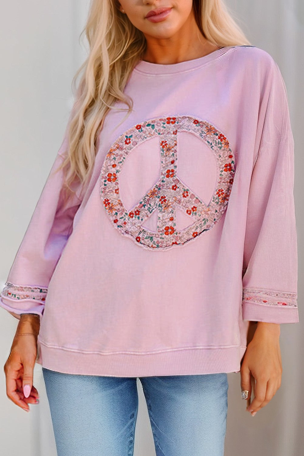 Floral Peace Sign Drop Shoulder Top