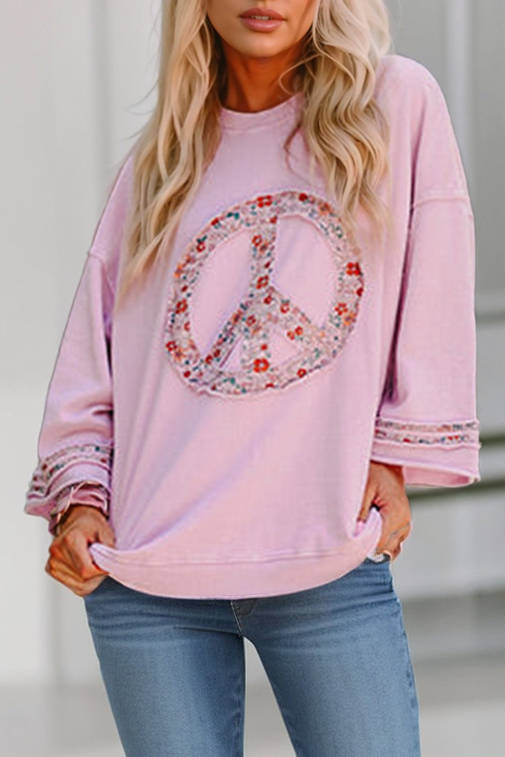 Floral Peace Sign Drop Shoulder Top