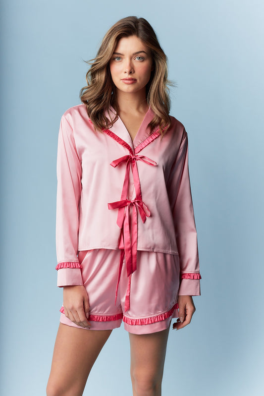 Satin Ruffle Bow Tie Pajama Set