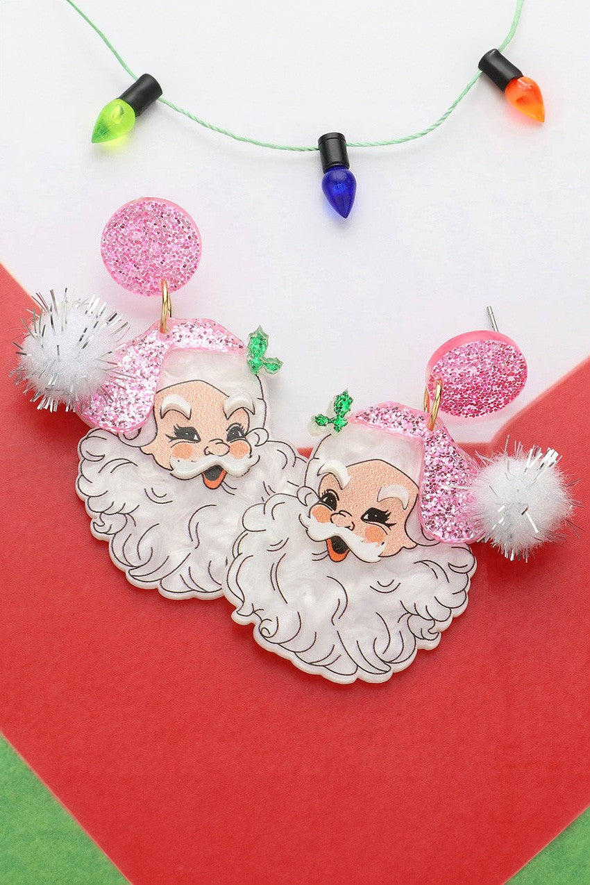 Glittered Resin Pom Santa Dangle Earrings