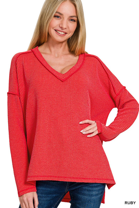 Corded Rib Long Sleeve Hi-low V Neck Top