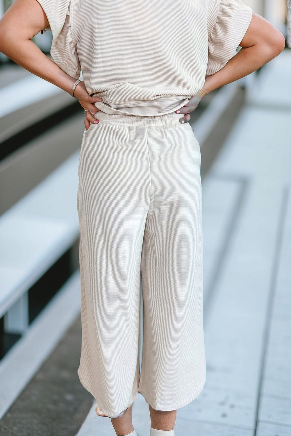 Textured Ruffled Zipped Top and Wide Leg Pants Set