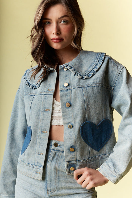 Heart Patch Denim Jacket With Ruffle Collar