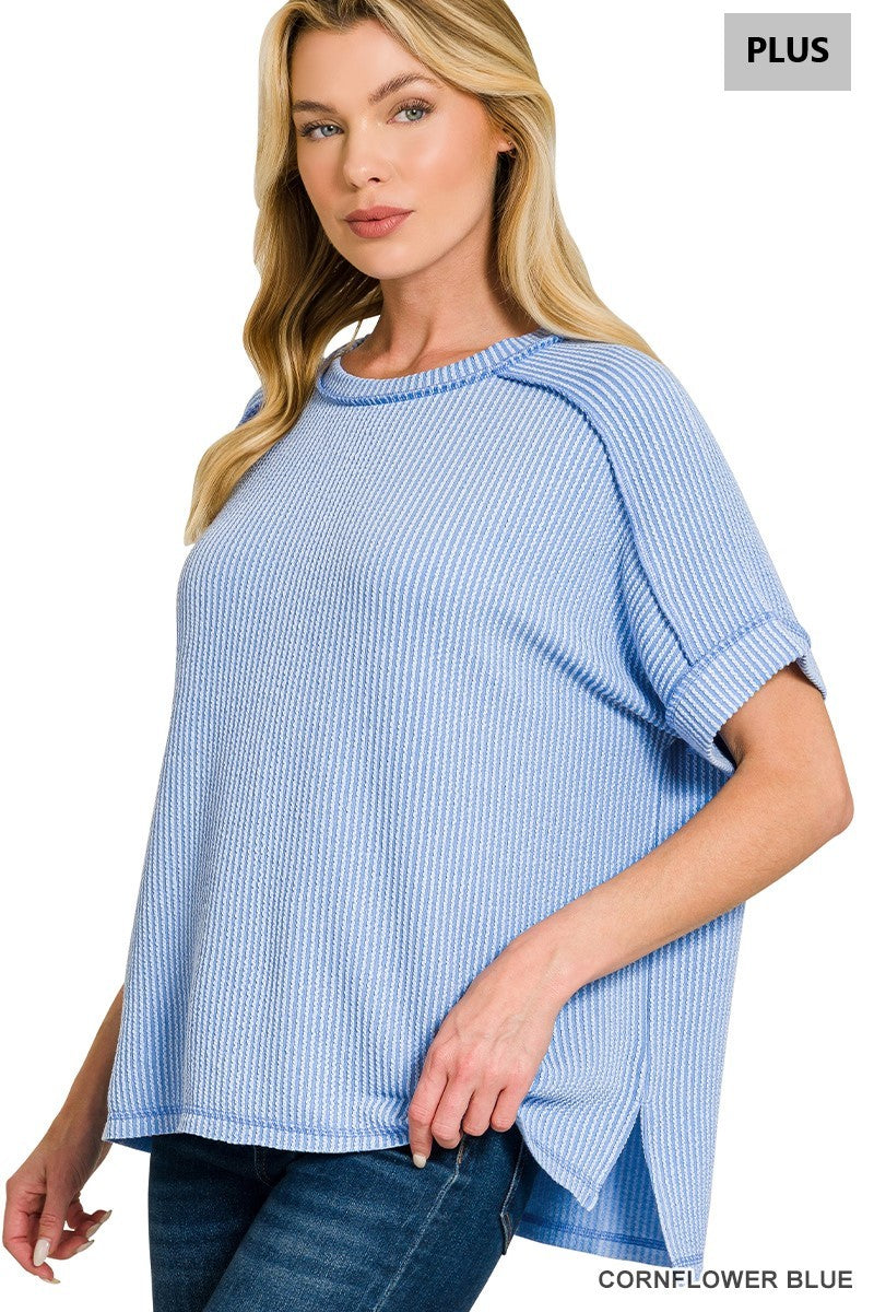 Plus Raised Rib Cuff Sleeve Raw Edge Top