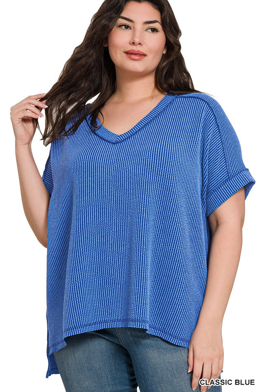 PLUS CORDED RIB SHORT SLEEVE HI-LOW V NECK TOP
