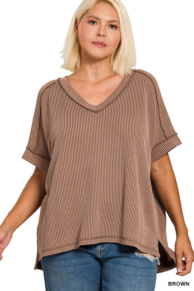 PLUS CORDED RIB SHORT SLEEVE HI-LOW V NECK TOP