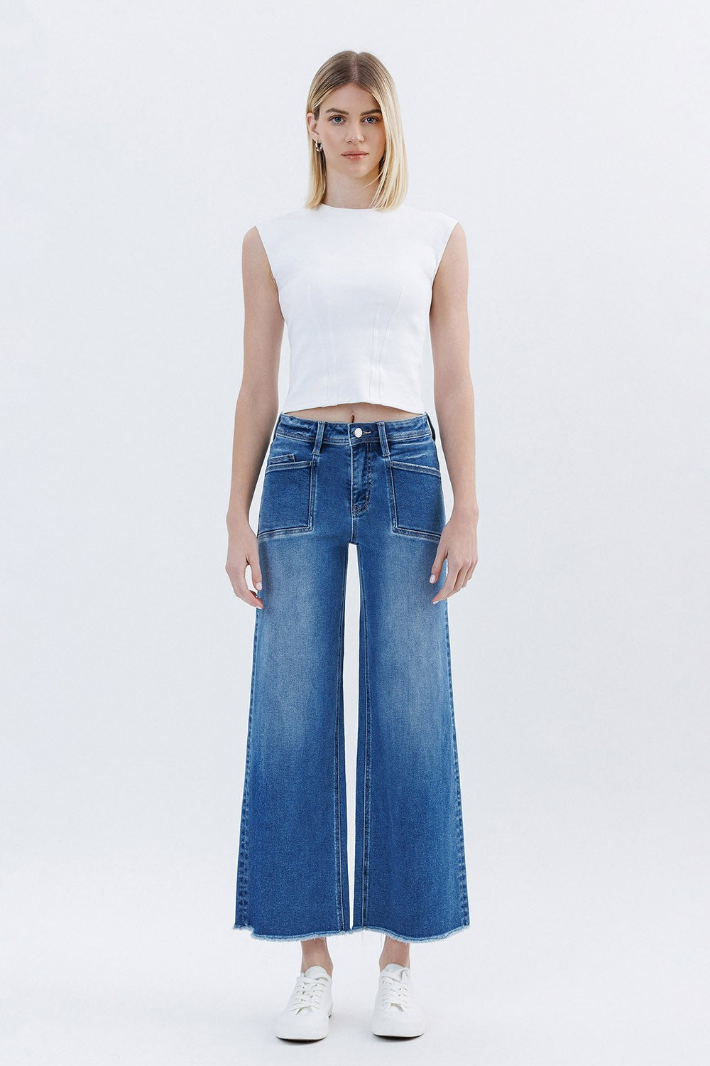 High Rise Raw Hem Ankle Wide Leg Jeans