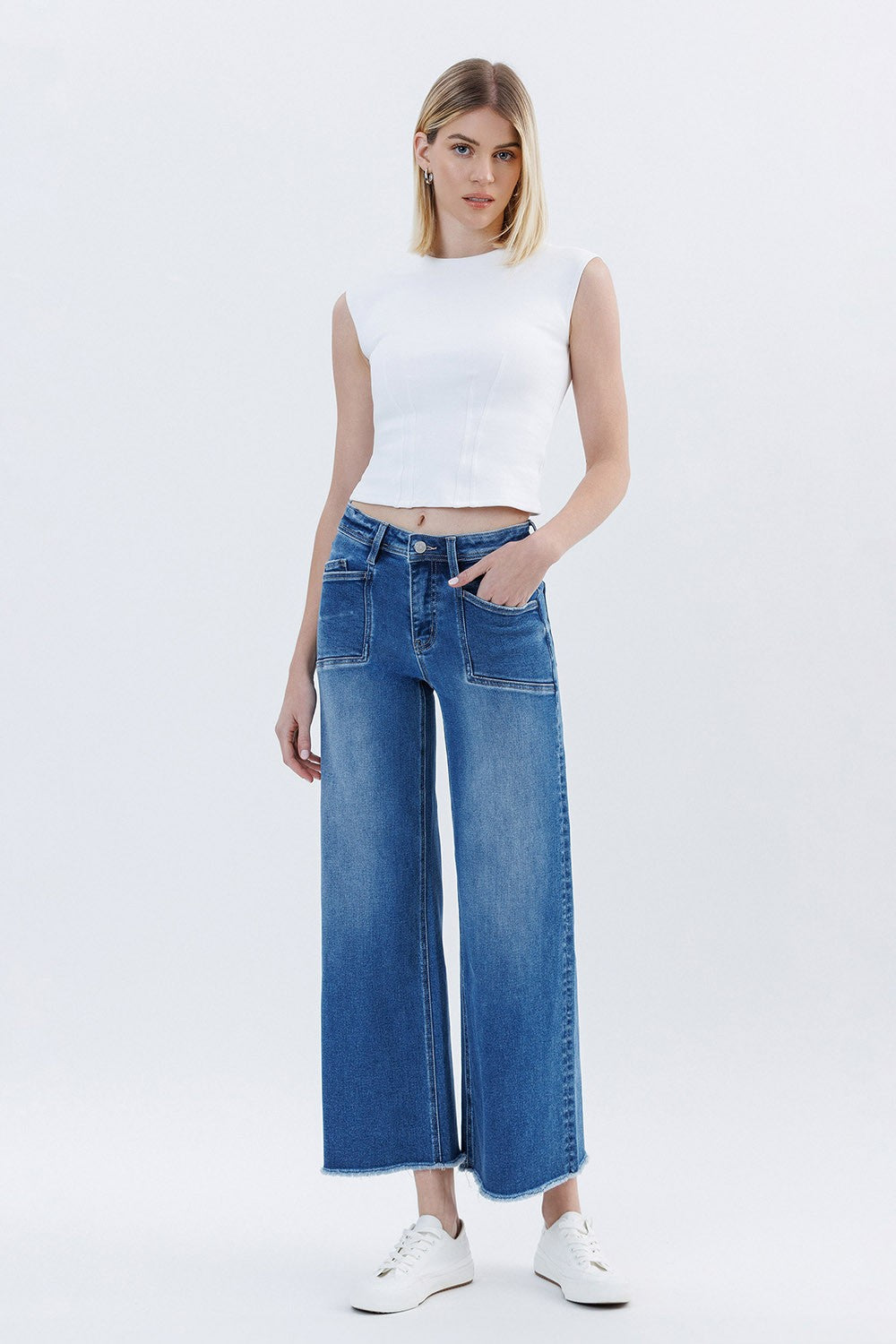 High Rise Raw Hem Ankle Wide Leg Jeans